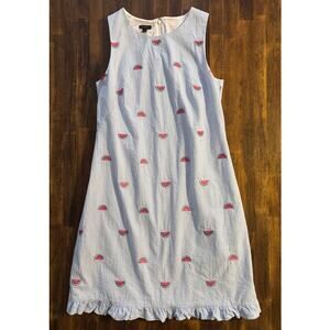 Talbots Size 6 Dress Shift Seersucker Embroidered Watermelon Sleeveless Ruffle